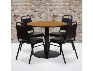 36" Round Natural Laminate Table with Round Base and 4 Black Banquet Chairs