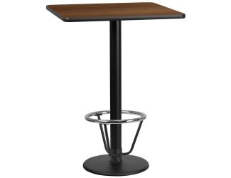 30" Square Walnut Laminate Table Top & 18" Round Bar Height Base with Foot Ring