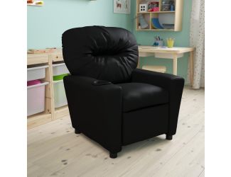 Contemporary Black LeatherSoft Kids Recliner with Cup Holder - Hardwood Frame
