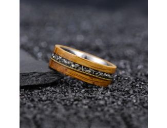 Paul - Tungsten + Whiskey Barrell & Guitar String & Crushed Meteorite Ring Size 11