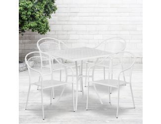 28" Square White Indoor-Outdoor Steel Patio Table Set with 4 Round Back Chairs