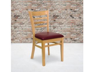 Ladder Back Natural Wood Restaurant Chair - Burgundy Vinyl Seat