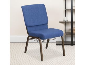 18.5"W Church Chair in Blue Fabric with Cup Book Rack - Gold Vein Frame