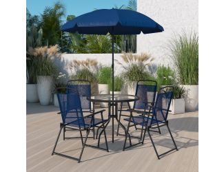 6 Piece Navy Patio Garden Set with Umbrella Table and Set of 4 Folding Chairs