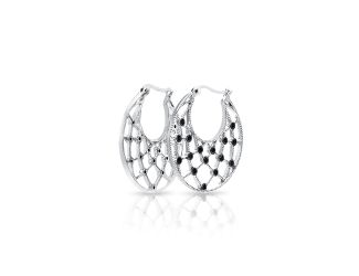 PARIKHS Closeout Rhodium Plated Black Round CZ Web Crescent Hoop Earrings in 925 Sterling Silver