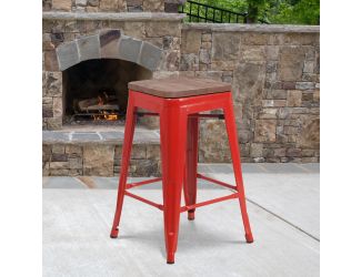 24" High Backless Red Metal Counter Height Stool with Square Wood Seat