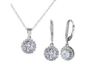 PARIKHS Rhodium Plated Halo Necklace-Earring Set in 925 Sterling Silver