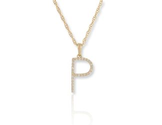 PARIKHS Initial Pendant Alphabet 'P' in CZ with chain in 925 Sterling Silver with Yellow Plating