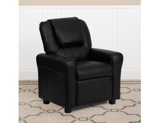 Contemporary Black LeatherSoft Kids Recliner with Cup Holder and Headrest