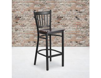 Black Vertical Back Metal Restaurant Barstool - Walnut Wood Seat