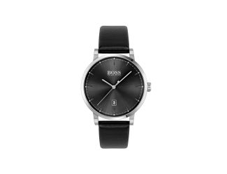 Mens Confidence Black Leather Strap Watch Black Dial