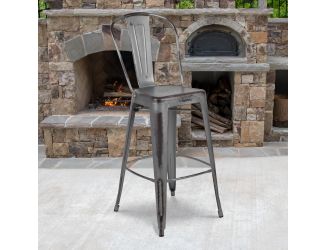 30"H Distressed Silver Gray Metal Indoor-Outdoor Dining Barstool with Back