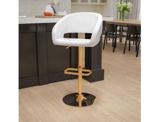 White Vinyl Adjustable Height Barstool with Rounded Mid-Back and Gold Base