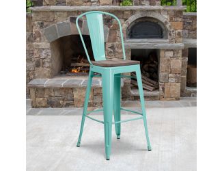 30" High Mint Green Metal Barstool with Back and Wood Seat