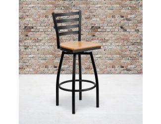 Black Ladder Back Swivel Metal Barstool - Natural Wood Seat