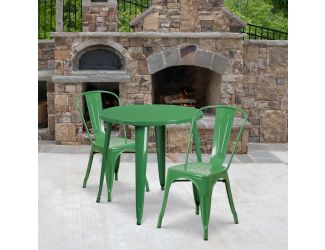 30" Round Green Metal Indoor-Outdoor Table Set with 2 Cafe Chairs