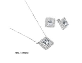 PARIKHS Rhodium Plated Square CZ Cluster April Birthstone Set in 925 Sterling Silver