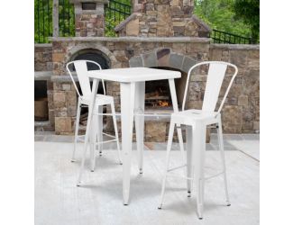 23.75" Square White Metal Indoor-Outdoor Bar Table Set with 2 Stools with Backs