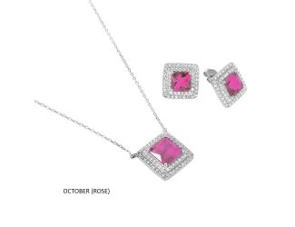 PARIKHS Rhodium Plated Square Rose and CZ Cluster October Birthstone Set in 925 Sterling Silver