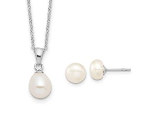 Sterling Silver Rhodium-plated FWC Pearl Necklace/Stud Earring Set