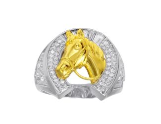 PARIKHS Men's Two Toned CZ Horse Shoe Gold Horse Ring in 925 Sterling Silver - Size-10