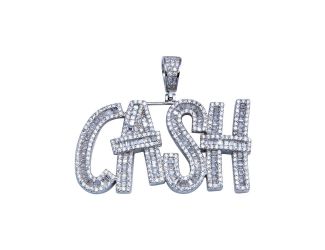 PARIKHS Men's Rhodium Plated CZ CASH Hip Hop Pendant with chain in 925 Sterling Silver