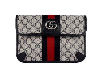 Gucci Ophidia Flap Belt Bag GG Beige Coated Canvas Navy and Red