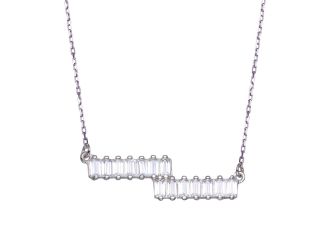 PARIKHS Rhodium Plated Double Baguette Horizontal Bar CZ Necklace in 925 Sterling Silver
