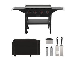 Cookout Grilling Kit with 4-Burner Propane Gas Griddle Station, Heavy-Duty Cover, and 5-Piece Tool S