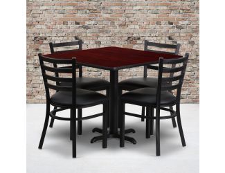 36" Square Mahogany Laminate Table w/X-Base & 4 Metal Chairs - Black Vinyl Seat