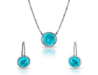 PARIKHS Rhodium Plated CZ and Aquamarine Round March Birthstone Set in 925 Sterling Silver