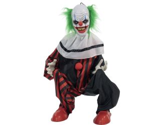 Life-Size Animatronic Crouching Clown with Lights and Sound, Indoor or Covered Outdoor Halloween Dec