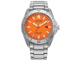 Men's Brycen Super Titanium Eco-Drive Silver-Tone SS Watch Orange Dial