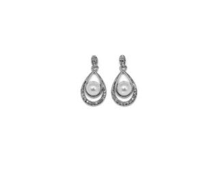 Silver Tone Pearl and Crystal Teardrop Earrings
