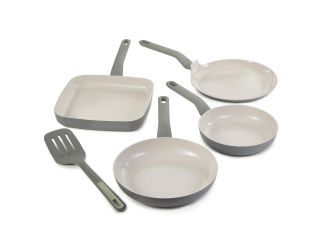 Leo Balance 5Pc Non-Stick Ceramic Cookware Set With Slotted Turner, Recycled Material, Moonmist