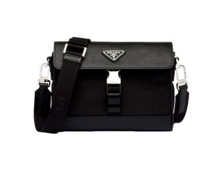 Prada Nero Black Re-Nylon Saffiano Silver Triangle Logo Messenger Crossbody Bag
