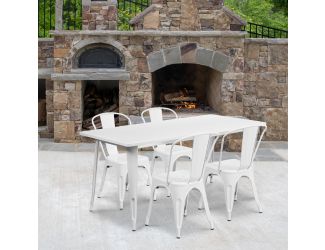 31.5" x 63" Rectangular White Metal Indoor-Outdoor Table Set w/ 4 Stack Chairs