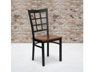 Black Window Back Metal Restaurant Chair - Cherry Wood Seat