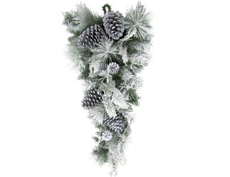 30-in. Christmas Snow Flocked Teardrop Door Swag with Pinecones