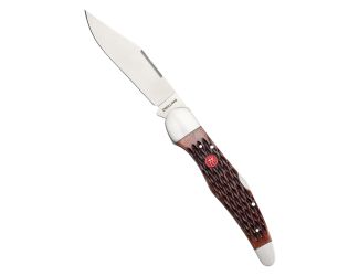 Folding Hunter Knife w/ Leather Sheath Brown Jigged Bone