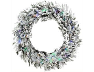 36" Silverado Pine White Flocked Wreath with Attached Pinecones and Multi-Color LED Lights