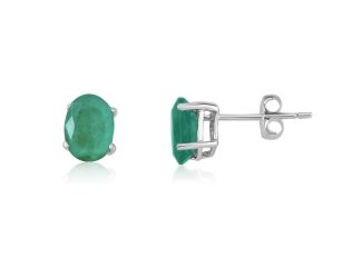14K White Gold Oval Emerald Earrings