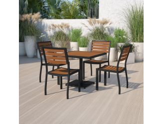 Outdoor Patio Bistro Dining Table Set with 4 Chairs and Faux Teak Poly Slats