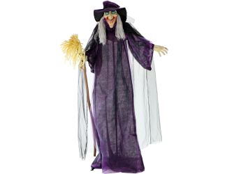 Life-Size Animatronic Witch with Broomstick, Lights and Sound, Indoor/Covered Outdoor Halloween Deco