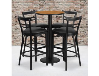 24" Round Natural Laminate Table with Round Base & 4 Ladder Back Metal Barstools