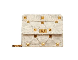 Valentino Garavani Roman Stud Large Shoulder Bag Ivory Knit Cashmere