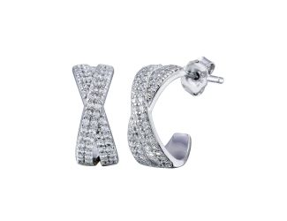 PARIKHS Rhodium Plated Semi Hoop X CZ Round Earring in 925 Sterling Silver