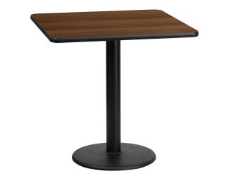 24" Square Walnut Laminate Table Top with 18" Round Table Height Base