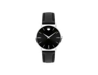 Ladies Corporate Exclusive Silver & Black Leather Strap Watch Black Dial