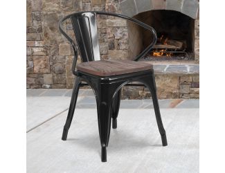 Black Metal Chair with Wood Seat and Arms - Restaurant Chair - Bistro Chair